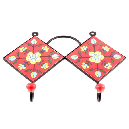 Red And Turquoise Floral Tiles Hooks